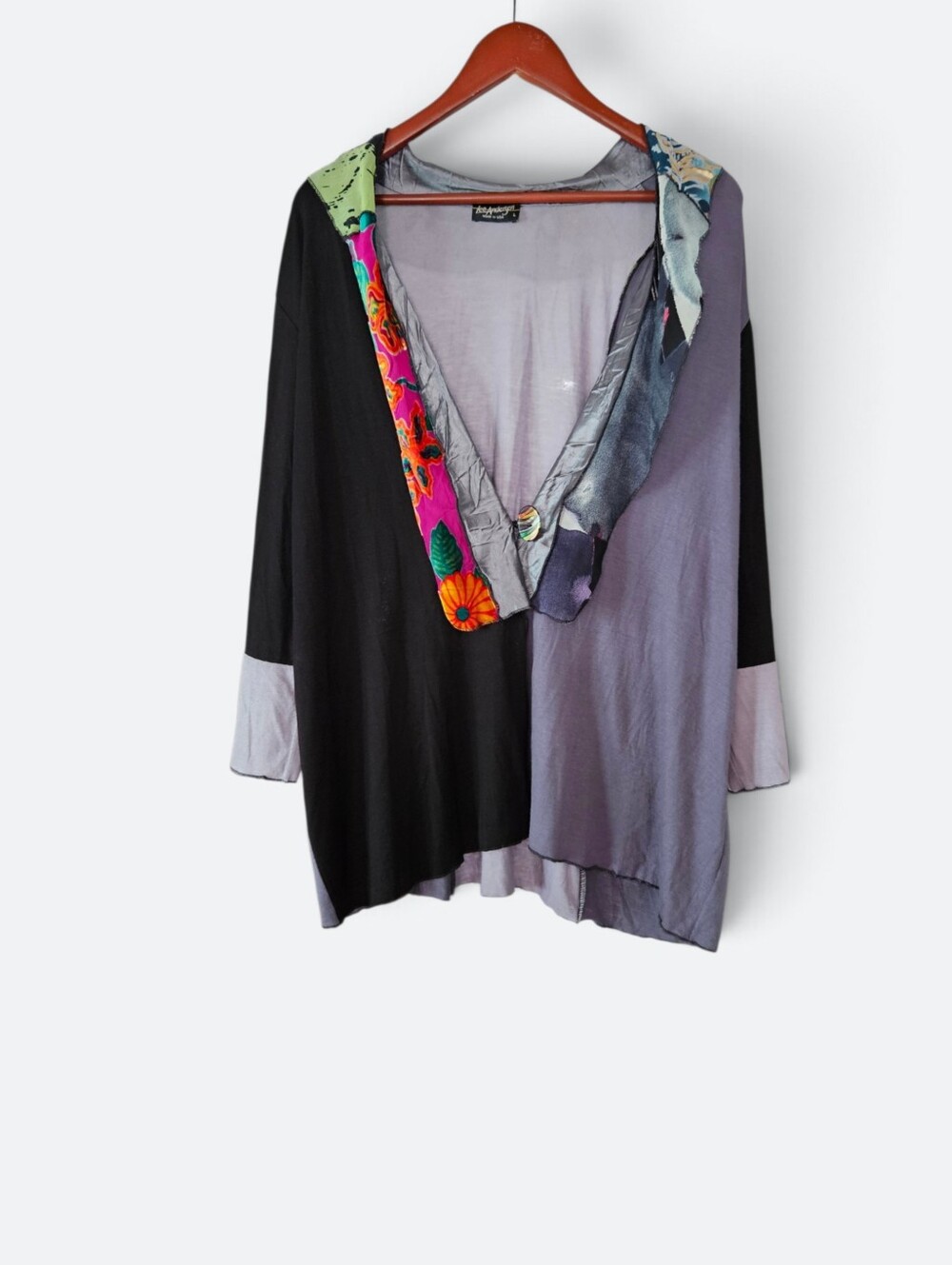 Vintage Lee Andersen Boho Art-To-Wear Satin Trim Mosaic Hankerchief Cardigan L